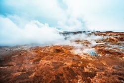 Gunnuhver Hot Springs spectacular landscape with steam from geothermal hot springs in Iceland, Reykjanes