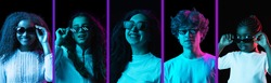 Five young male and female models isolated on dack background in neon light