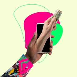 Online credit. Human hand with phone isolated over light background. Modern art design in trendy colors. Stylish composition, youth culture, magazine style. Contemporary art collage.