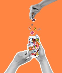 Addiction to social media. Human hands with phone isolated over orange background. Modern art design in trendy colors. Stylish composition, youth culture, magazine style. Contemporary art collage.