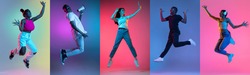 Flyer. Five people, young women and men jumping isolated on multicolored neon backgrounds. Joy, fun and crazy. Concept of emotions, facial expression, feelings, fashion, beauty