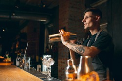 Young handsome smiling male bartender in apron preparing alcohol drink shaking it in cocktail shaker standing in front of bar counter. Side view