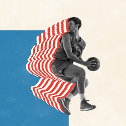 Image of young male athlete, professional basketball player training with ball over white and blue background. Repeating silhouette image. Inspiration, creativity and sports concept
