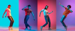 Enjoying music, dancing. Collage of images of four young people, man and women in headphones isolated over multicolored neon backgrounds. Flyer. Copyspace for ad.