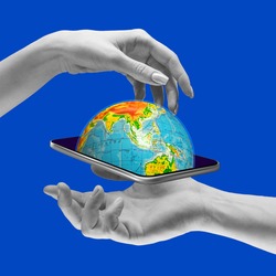 Contemporary art collage. Online travelling. World in your smartphone. Globe sticking out of phone screen over dark blue background. Concept of online communication, information transmission.