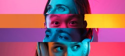 Narrow stripes. Collage of cropped male and female faces, eyes isolated over multicolored backgrounds in neon lights. Close-up. Concept of human emotions, facial expressions