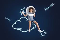 Creative artwork of little boy pretending to be astronaut isolated over dark blue background with white space drawings. Imaginations, dreaming. Concept of childhood, dreams, game, astronomy, ad