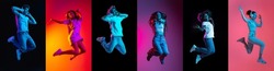 In a jump. Collage of an ethnically diverse young people in motion isolated over multicolored background. Youth culture. Concept of emotions, facial expression, feelings, fashion, beauty.