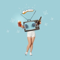 Retro style contemporary art collage of human body and hands appearing from tv with bottle and glass of beer. Cheers. Concept of festival, national traditions, taste, drinks, Oktoberfest, ad