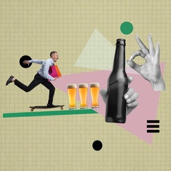 Friday evening. Relaxation. Contemporary art collage of man, employee joyfully running into weekend. Beer party. Concept of festival, national traditions, drinks, Oktoberfest. Copy space for ad