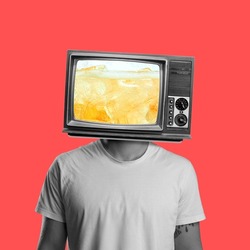 Beer party, festial. Contemporary art collage of male with TV instead head isolated over red background. Beer translation. Concept of party, festival, leisure time, Oktoberfest. Copy space for ad