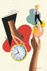 Creative artwork of human hands, alcohol cocktail, clock and man in official suit with cocktail head isolated over yellow background. Concept of art, creativity, imagination, poster. Copy space for ad