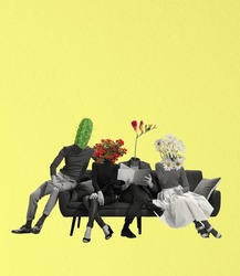 Psychology treatment. Contemporary art collage of group of people with flowers head sitting on couch isolated over yellow background. Concept of expression, treatment, support. Copy space for ad