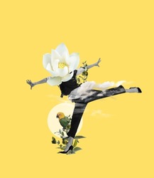 Inspiration, ease. Contemporary art collage of women with white flower head isolated over yellow background. Concept of femininity, spring, growth, freedom. Copy space for ad