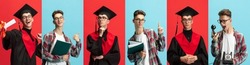 Happy graduate boy. Collage of portraits of young man, student and graduate isolated over red and blue background. Concept of edication, studying, youth, lifestyle, life. Copy space for ad