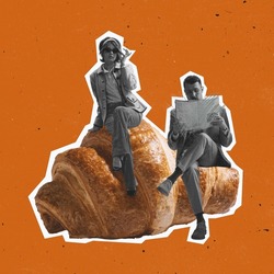 Contemporary art collage of man and woman in retro costumes sitting on delicious croissant isolated on orange background. Vintage style. Concept of food, style, artwork, creaitivity. Copy space for ad