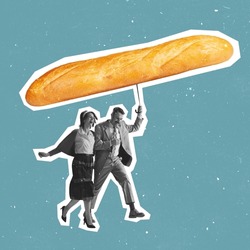 Contemporary art collage joyful young couple, man and woman walking under rain with baguette, bread umbrella isolated over blue background. Concept of creativity, art, imagination, food and ad