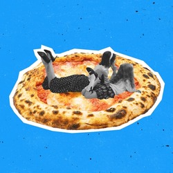 Contemporary art collage of woman and little girl lying on delicious pizza isolated over blue background. Retro style. Yummy Italian traditional food. Concept of gastronomy, creativity, artwork and ad