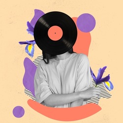 Contemporary art collage of female, woman with vinyl record head isolated over colorful yellow background. Retro style. Concept of art, music, creativity, vintage style. Copy space for ad