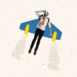 Contemporary art collage of man flying up on a plane symbolizing professional and personal growth. Concept of motivation, achievement, goals, career, employment. Copy space for ad