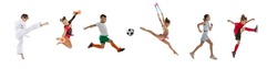 Collage of children, sportsmen posing in action isolated on white background. Football, karate sportsman, runner, cheerleader, rhytmic gymnast. Concept of sportive and active childhood
