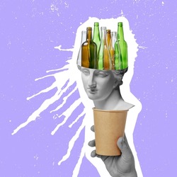 Contemporary art collage of antique statue with glass bottles isolatd over purple background. Cardboard cup importance. Concept of environment, recycling, preservation, nature. Copy space for ad
