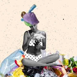 Contemporary art collage of young girl with flowers sitting on rubbish symbolizinf the need of planet preservation. Concept of environment, recycling, preservation, nature. Copy space for ad