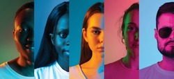 Collage. Half-face portraits of five young people looking at camera isolated over multicolored background. Concept of emotions, facial expression, fashion, youth, beauty. Copy space for ad.