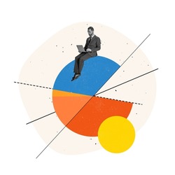 Contemporary art collage. Businessman sitting on pie chart and working in laptop, making business analytics. Concept of profitable trategy, company growth, success, statistics, finance