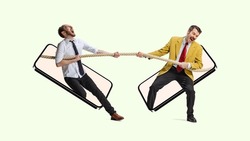 Collage. Two men, employees sticking out phone screen and pulling the rope symbolizing professional competition. Concept of career, motvation, ambitions, success, promotion, rival