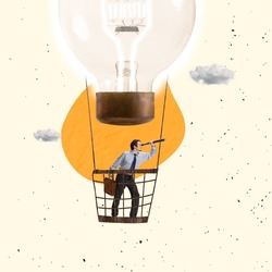 Contemporary art collage. Businessman flying on hot air balloon and looking in telescope symbolizing future successful deal, invention. Concept of business, promotion, growth, inspiration, development