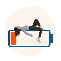 Need for rest. Contemporary art collage. Office worker, employee lying on low battery symbolizing tiredness, fatigue. Recharge. Work overload. Concept of business, depression, deadlines