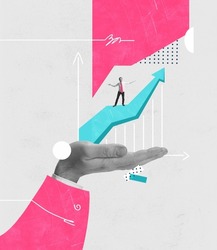 Creative design. Contemporary art collage. Hand holding big analitics arrow with employee symbolizing career growth. Working chart. Concept of promotion, business, progress line, strategy