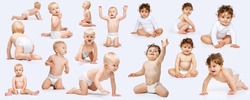 Collage of babies, boy and girl in diaper, playing, posing, sitting isolated over white studio background. Concept of childhood, motherhood, family, health, care. Copy space for ad