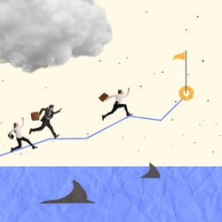 Creative design. Contemporary art collage. Business people, employees running on graph over water with sharks symbolizing risky way to success. Concept of teamwork, promotion, ambitions