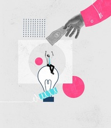 Contemporary art collage. Businessman sitting on lightbulb, symbolizing brilliant business ideas. Giat hand giving money for successful deal. Concept of career, business, promotion, award
