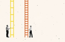 Contemporary art collage. Man and woman standing near ladder of success with unequal steps symbolizing gender discrimination. Different business opportunities. Concept of business, success, promotion
