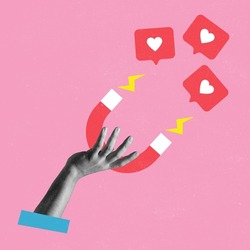 Conemporary art collage with female hand holding magnet and magnetizing likes symbol isolated over pink background. Concept of social media, influence, popularity, modern lifestyle and ad