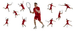 Sportive youth. Young man, male professional tennis player in red uniform training isolated on white background. Concept of active life, team game, energy, sport, competition. Copy space for ad