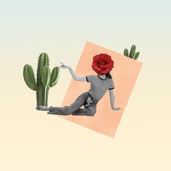 Contemporary art collage. Young woman with rose flower head sitting aroud cactus isolated over light pastel background. Retro and vintage style. Concept of freedom, fun, party, love and ad