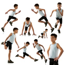 Portrait of boy, child in sportswear training, running isolated over white background. Collage. Concept of action, sport, healthy life, competition, motion, physical activity. Copy space for ad
