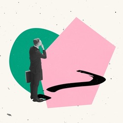 Creative design. Desperate employee, office worker standing near question mark symbolizing business struggles, options. Choosing strategy for achieving goal. Concept of business, career development