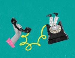 Contemporary art collage. Retro, vintage design. Old styled telephone with human legs sticking out isolated over green background. Communication, imagination, creativity concept
