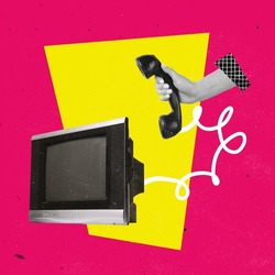 Contemporary art collage. Retro TV set and phone handset isolated oevr bright pink background. News spreading and communication. Concept of pop art, creativity, surrealism, imagination