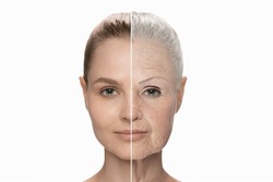 Comparison. Portrait of beautiful woman with young smooth and old wrinkled skin. Aging and youth concept, beauty treatment and lifting. Before and after. Process of aging and rejuvenation