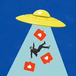 Contemporary art collage. Young man falling down from UFO with social media likes isolated over blue background. Concept of social media, influence, popularity, modern lifestyle and ad