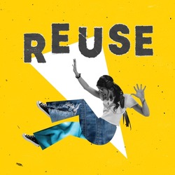 Contemporary artwork. Young stylish woman wearing jeans made from different materials isolated on yellow background. Reuse of cloth. Concept of environment, recycling, preservation. Copy space for ad