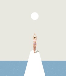 Contemporary art collage. Girl in retro swimming suit preparing to dive into sea. Concept of summer, fashion, mood, creativity, imagiation, party, vintage style, fun. Copy space for ad, poster