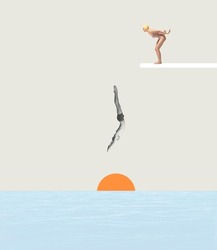 Contemporary art collage. Man and woman in swimming suits diving into sea. Summertime holiday. Concept of summer, mood, creativity, imagiation, party, retro style, fun. Copy space for ad, poster