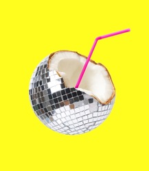 Contemporary art collage. Creative design with coconut disco ball isolated on yellow background. Party. Concept of summer, mood, imagination, inspiration, surrealism, fun. Copy space for ad, poster